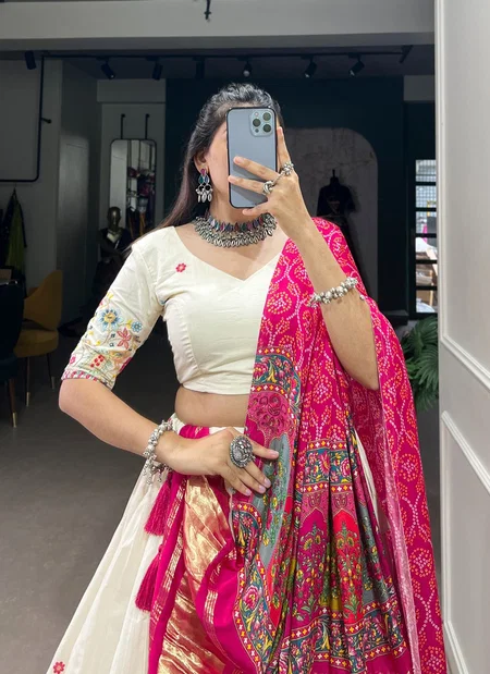 LNB1601FLW Khadi Cotton With Sequins And Thread Embroidery Work Lehenga With Blouse Dupatta Exporters In India